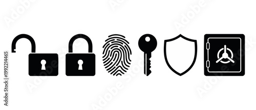 Cyber Security Icons Set, Digital Data Protection Symbols with Padlocks, Fingerprint, Key, Shield and Safe, Vector Illustration for Privacy and Access Control Concepts, Isolated on White Background Mi