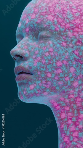 Close Up Side Profile Of A Digital Human Face Covered In Pink And Blue Glowing Pixels Against A Dark Teal Background