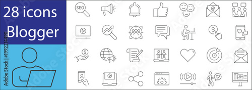 Blogger icons set with content creation, writing, social media, blogging tools, and digital communication concepts in modern line style.