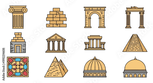 Collection of ancient architecture vector icons featuring a Greek temple, Egyptian pyramids, Roman triumphal arch, Ionic column, Mayan ziggurat, stone masonry, and dome structures.