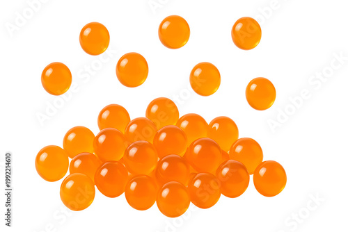 Glossy orange jelly spheres candy balls group isolated on transparent background