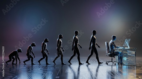Evolution of man from ape to modern human working on a computer in a futuristic digital environment.