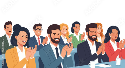 Group of diverse business professionals in formal attire sitting in a row, smiling and applauding during a presentation or corporate event, isolated vector illustration.