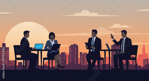 Vector illustration of four business professionals sitting at desks with laptops and tablets against a cityscape silhouette during a sunset with a large sun and orange clouds.