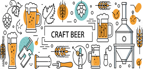 Craft Beer Brewing Banner with Brewery Equipment Hops Wheat Mug Symbols for Beverage Production Festival Menu and Branding Design