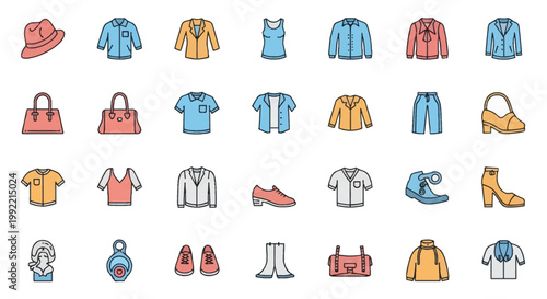 Collection of fashion and apparel vector icons featuring hats, jackets, blouses, shirts, trousers, handbags, footwear, and accessories in a flat line art style with pastel colors.