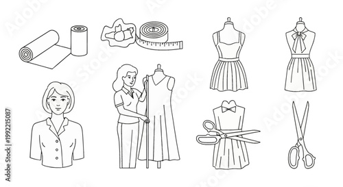 Collection of black and white outline icons for fashion design, featuring fabric rolls, tape measure, mannequins with dresses, a female tailor, and dressmaking scissors on white.
