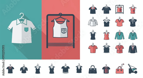 Detailed vector icon set of men's and women's clothing items on hangers, featuring polo shirts, tank tops, blazers, and handbags in a modern flat design style for retail use.