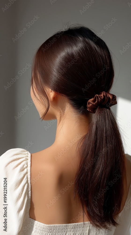 Naklejka premium Close up rear view of a woman with dark brown hair adorned with glitter and a scrunchie