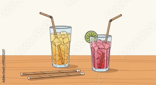 Vector illustration of two refreshing cold beverages in glasses with ice, featuring biodegradable brown paper straws, a lime slice garnish, and wrapped straws on a wooden table.