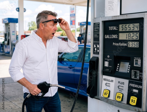 Shocked USA Man in sunglasses holding a fuel nozzle at a gas station pump with digital display showing high fuel prices and oil price surge in 2026, Generative AI