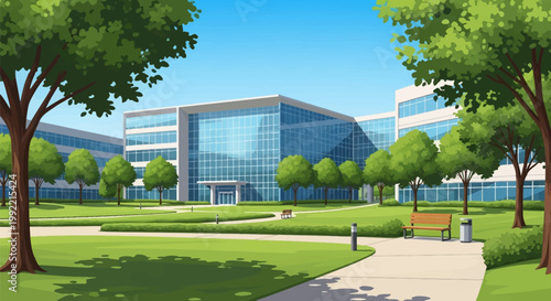 Modern corporate office building complex with blue glass curtain walls and a landscaped green campus featuring walking paths, wooden benches, and lush green trees under a clear sky.
