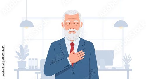 Vector illustration of a senior man with a white beard in a blue suit and red tie, eyes closed with his hand on his heart, standing in a bright modern office interior background.