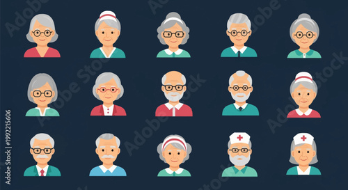 Flat vector icon set featuring fifteen diverse senior citizen avatars and nursing staff characters, including elderly men and women with glasses, beards, and medical headwear.