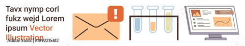 Digital communication, scientific research, data analysis, email alerts, laboratory testing, reporting tools. Envelope with alert icon, test tubes and computer screen with visuals. Digital