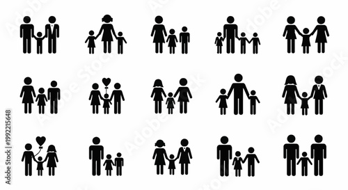 Set of diverse family and community icons featuring black flat pictograms of parents, children, same-sex couples, single parents, and various household structures on a white background.