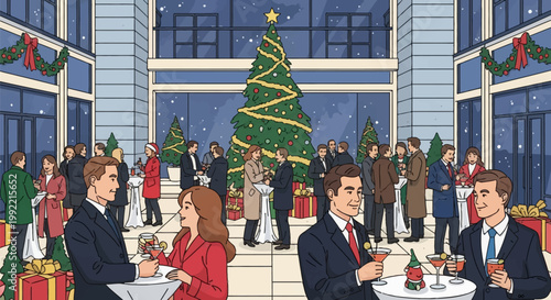 Vector illustration of a corporate Christmas party featuring business people socialising around a large decorated holiday tree and high-top tables in an outdoor modern courtyard.
