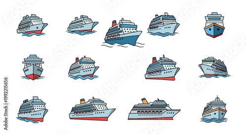 Collection of cruise ship vector icons and ocean liner illustrations featuring various perspectives including front, side and three-quarter views with blue hulls and red accents.
