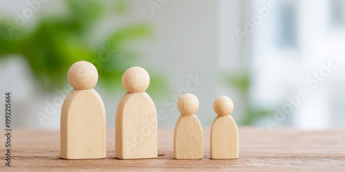 Four Wooden Family Figurines Lined Up Smallest To Largest On A Wooden Table