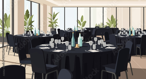 Modern banquet hall vector illustration featuring round tables with black tablecloths, black chairs, glass stemware, and indoor plants positioned near large floor-to-ceiling windows.