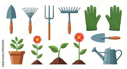 Gardening equipment illustration set featuring hand trowel, rake, garden fork, green work gloves, metal watering can, terracotta pot plant, and red flowering seedlings in soil.