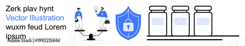 Work-life balance, cybersecurity, medical advancements, online safety, professional ethics, technology concepts. Scales with professionals, shield with lock and medicine vials. Work-life balance