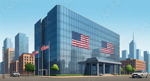 Modern blue glass office building featuring American flags on the glass facade and flagpoles, set against a city skyline with street level details including cars and green trees.