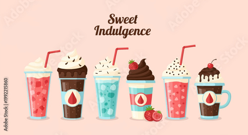 Vector illustration of six assorted milkshakes and iced beverages with whipped cream, chocolate sauce, strawberries, and cherries, featuring the text Sweet Indulgence at the top.