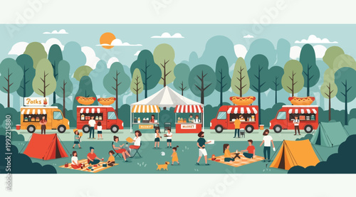 Outdoor summer festival in a park with food trucks, tents, and people having a picnic