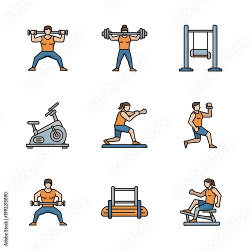 Set of nine fitness icons featuring male and female characters performing various exercises including barbell squats, lunges, indoor cycling, and strength training on gym equipment.
