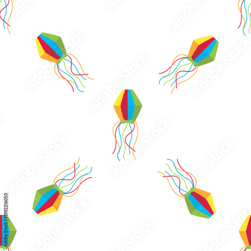 Colorful lanterns float in a repeating pattern, representing the Sao Joao festival celebration