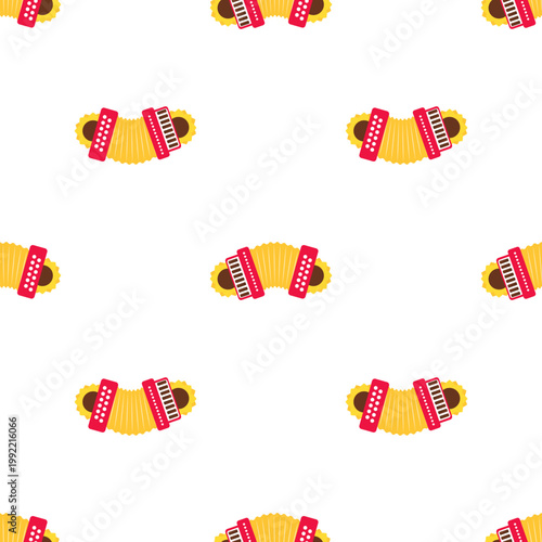 Seamless pattern of yellow accordions for Sao Joao festival celebrations on transparent background