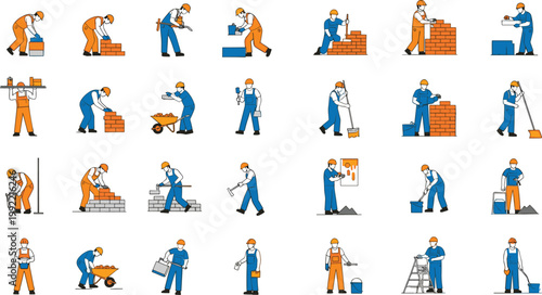 Construction Worker Activities Vector Set Featuring Builders Laying Bricks Painting Plastering Carrying Tools and Working on Building Site Tasks
