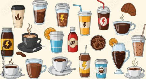 Collection of caffeinated beverage illustrations featuring takeaway coffee cups, energy drinks with lightning bolt icons, espresso in ceramic mugs, iced tea, soda cans, and glass mugs.