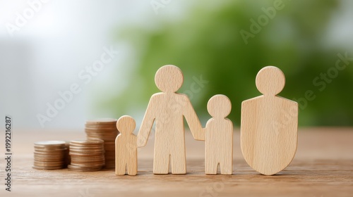 Wooden Family Figures Shielded By Protection Symbol Beside Stacked Coins On A Wooden Surface With Green Blurred Background