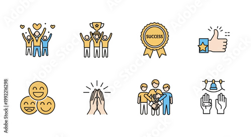 Vector set of eight line art icons representing corporate team spirit, cultural values, trophy success, handshakes, thumbs up, smiling faces, and collaborative workplace teamwork symbols.