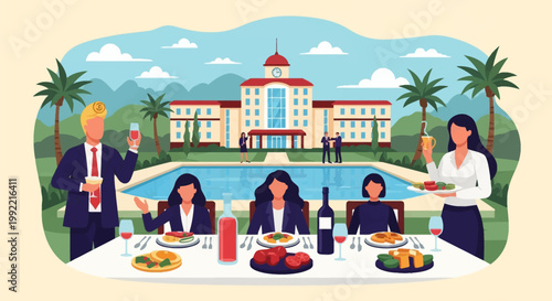 Flat vector illustration of a wealthy CEO hosting an outdoor banquet by a pool in front of a luxury mansion, featuring business guests dining and staff serving gourmet food.