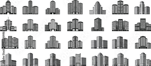 Large collection of flat skyscraper silhouettes and office building icons in black and grey for urban city skyline design architecture projects and corporate infographics