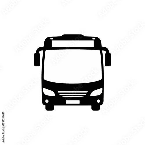 Front view black silhouette icon of a passenger bus or city coach shuttle vehicle with side mirrors and headlights, isolated on a white background for transportation design.