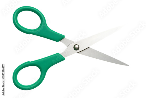 Green handle metal scissors opened isolated on transparent background