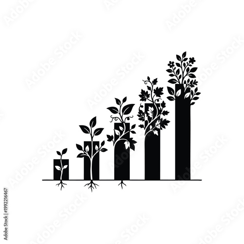 Plants grow in cylindrical pots on a line showing growth stages