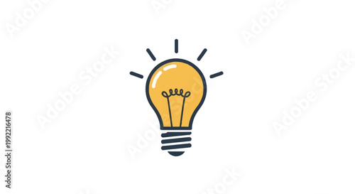 Minimalist vector illustration of a glowing yellow lightbulb with dark blue rays, internal coiled filament, and screw base isolated on a white background for creative concepts.