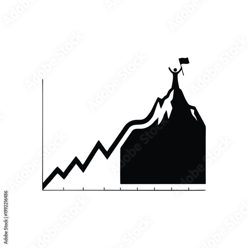 Person celebrates reaching summit with flag on graph mountain peak