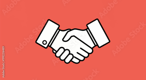 Simple line art illustration of a business handshake icon with black outlines and white fill, depicting a professional deal or agreement on a solid salmon red background.