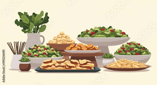 Flat vector illustration of an organic gluten-free food buffet spread including green leafy salads with red berries, various crackers, bread snacks, and pasta on a table.