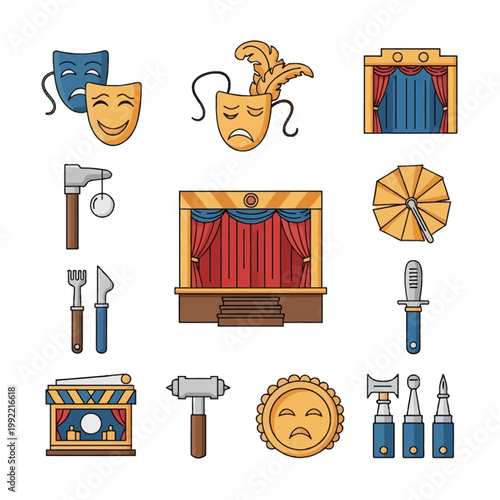 Set of vector icons depicting theater elements including drama comedy masks, theatrical stages with red curtains, props like a dagger, fork, and hammer, and stage design symbols.