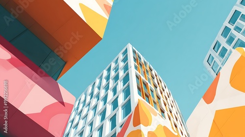 Abstract geometric cubes with overlapping orange yellow blue and pink surfaces shapes