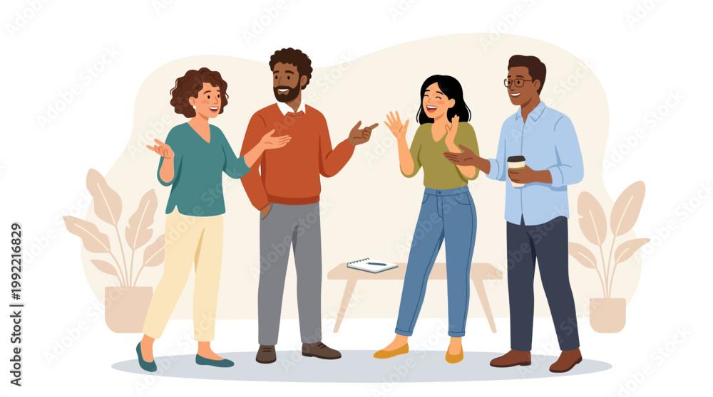 Obraz premium Diverse Group of Coworkers Talking and Expressing Ideas in a Casual Office Workspace Vector