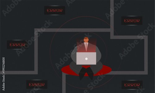 Conceptual illustration of digital overload and stress. A worker surrounded by error messages and system alerts represents anxiety, technical problems, and mental pressure