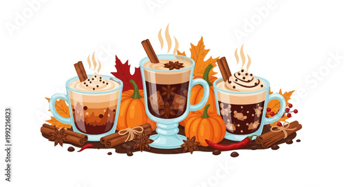 Three glass mugs of autumn hot beverages including pumpkin spice latte, hot chocolate with whipped cream and spiced coffee with cinnamon sticks, star anise, pumpkins and fall leaves